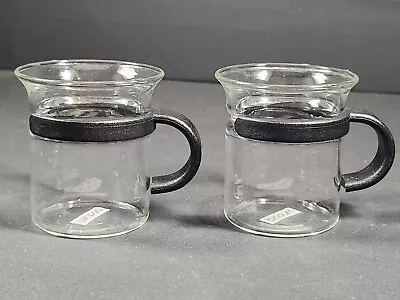 Vintage Bodum Espresso Cups Set 2 1/2  Tall Black  C  Curved Handles White Logo • $25