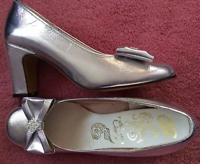 £14 • Buy Vintage 60s Silver Pvc Diamante Bow High Block Heel Dolly Court Shoes 3 3.5 Mod