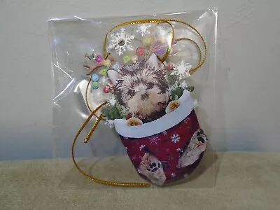 Cute Miniature Schnauzer Puppy In Stocking 3” Plastic Ornament Nip (cb4779a) • $10.59