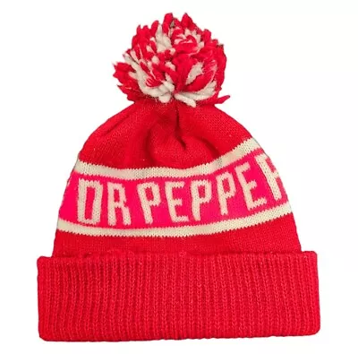 Dr Pepper Red White Retro Beanie Knit Ski Hat Cap Pom Pom Toboggan Winter OS • $7.49