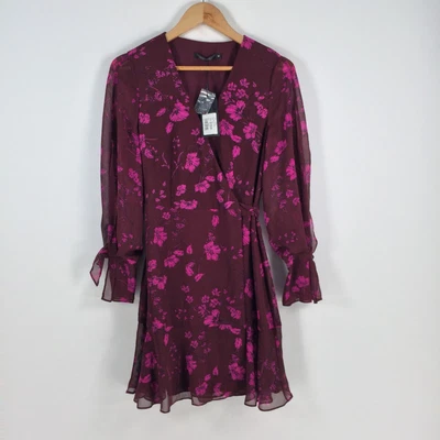 $34.95 • Buy NEW Portmans Womens Wrap Dress Size 8 Maroon Floral Long Sleeve Vneck 045706