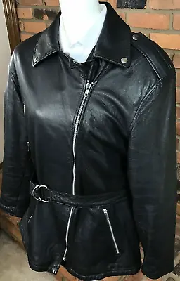 REED Soft Black Leather Motorcycle Zip Biker Jacket Belted Lined Vtg ~ Women's M • $72.50