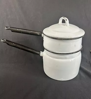 Vtg Enamel 1 Qt Top/1.5 Qt Bottom Double Boiler Black Trim White Pot W/ Lid -M7B • $21.95