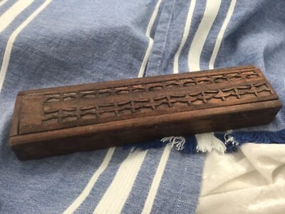 £12 • Buy Vintage Indian Wooden Pencil Box. Hand Carved Pattern. Sliding Lid. Stationery