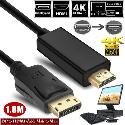 1.8m Quality Display Port Dp To Hdmi Male Lcd Pc Hd Tv Laptop Av Cable Adaptor • £4.85