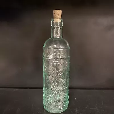 Vintage Slim Green Tinted Glass Bottle With Etched Grapes Designed With Cork Top • $7