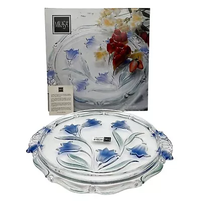 Mikasa Bluebells Glass Platter Tray Cake Plate 14.25” NIB ~ Blue & Green Flowers • $24.95