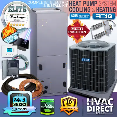 2.5 Ton 14.3 SEER2 ACiQ Central Ducted Air AC Heat Pump Split System Install Kit • $3040