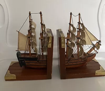 SET OF TWO..Ship Wood Bookends …Clipper Boat Sails Nautical • $29.99
