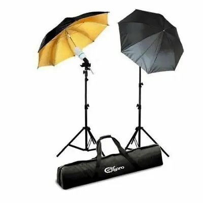 Ex-Pro Continuous Dual Photography Lighting Kit 85w Stands Umbrella - Black/Gold • £40.92