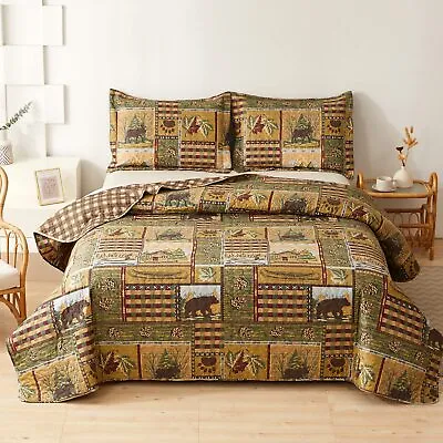 Moose Bear Rustic Quilt Set King Size Plaid Bedspread Bedding Set Lodge 3 Colors • $83.99