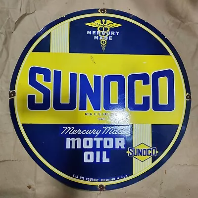 Sunoco Motor Oil Porcelain Enamel Sign 30 Inches Round • $100