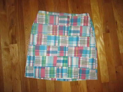 Ladies Talbots Aqua Blue Salmon Pink Madras Plaid Patchwork Pencil Skirt Size 4 • $13.99