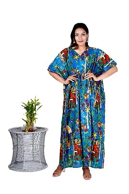 Cotton Blue Frida Kahlo Indian Kaftan Night Maxi Dress Women Clothing Maxi Gown • $39.92