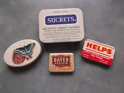Small Vintage Metal Tins 4 Pieces-Sucrets-Helps-Bayer Aspirin-Butterfly • $10