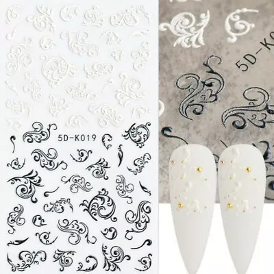 Wedding 5D Nail Stickers Embossed Black & White Cane Vine Decals Art Decoration • $2.95