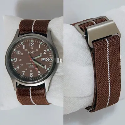 Mens 42mm Field Watch With Custom Nylon Strap Brown Analog Military Wristwatch  • $9.99