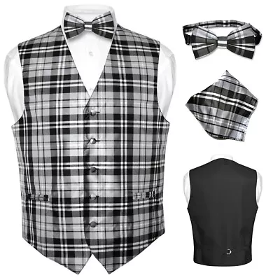 Men's Plaid Design Dress Vest BOWTie Black GRAY White BOW Tie Hanky Set S • $21.95