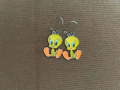 Super Cute Tweety Bird Cartoon Character Drop Earrings On Silver Hook Wires New! • $6.49