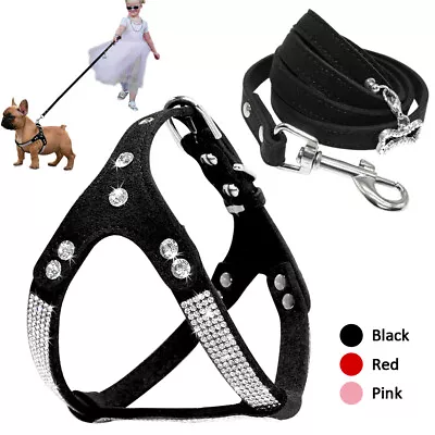 £10.79 • Buy Bling Dog Harness Rhinestone And Lead Soft Suede Leather Small Medium Dogs S M L