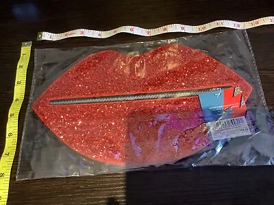 £6.99 • Buy RED GLITTER PAPERCHASE PENCIL Zip CASE LIPS MOUTH HANDBAG BAG Big Purse NEW Bnip