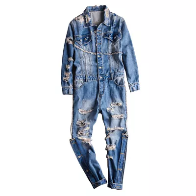 Mens Retro Ripped Denim Jumpsuit Hip Hop Jeans Overalls Streetwear Rompers Stage • $102.49