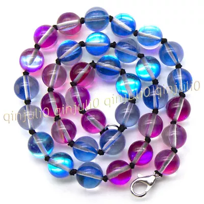 Blue Pink Gleamy Rainbow Moonstone Crystal Round Gemstone Beads Necklace 14-36'' • £13.18