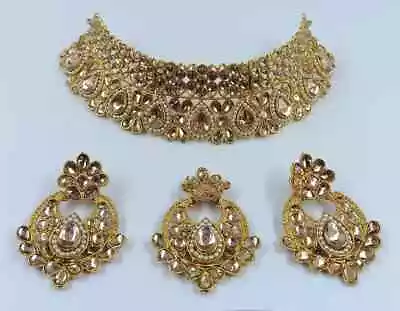 Indian Bollywood Gold Plated Kundan Choker Bridal Necklace Earrings Jewelry Set • $20.31