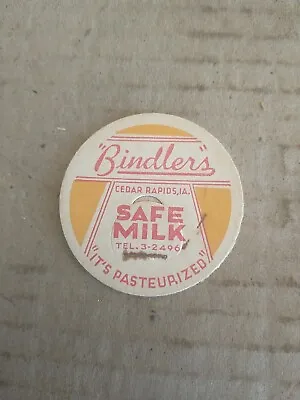 Vintage Milk Bottle Cap  Bindlers  Cedar Rapids IA.  Safe Milk  • $2.75