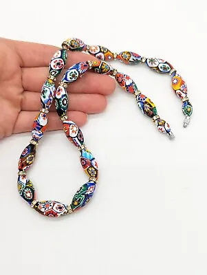 Vintage Murano Millefiori Venetian Glass Necklace Rhinestone Oval Bead  #14 • $125