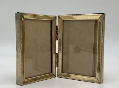 Vintage MCM Double Picture Frame Gold Hinged Mini Folding For 2 X 3” Photo • $14.90