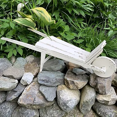 Vtg White Painted Wood Wooden Rolling Wheel Garden House Plant Cart Wagon Stand • $89.99