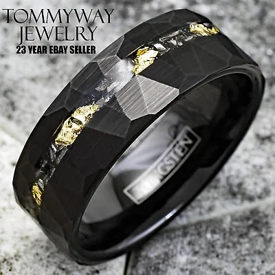 Tungsten Carbide 24K Gold Foil & Meteorite Black Faceted Men's Wedding Band Ring • $23.99