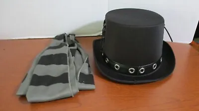 STEAMPUNK Set Of 2 BLACK TOP HAT & Gray STRIPED SCARF Halloween Accessories • $13.49