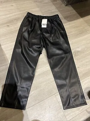 Zara Faux Leather Trousers Black Size Small Tapered Leg Elasticated Waist • £12