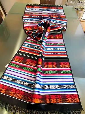 Mexican Maya Aztec Colorful Fringed Table Runner 64  X 19  - Made In Mexico • $40