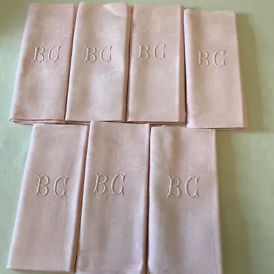 Set Of 7 Antique French Hand Dyed  Linen Napkins Monogram  Soft Pink  Mono BC • $145