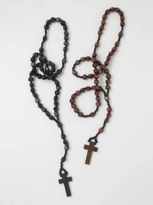 Mens Womens Black/Brown Wood Rosary Bead Beads Necklace With Cross • $3.96