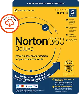 £15.99 • Buy Norton 360 Deluxe Antivirus 2022/2023- 5 Devices- 1 Year - Delivery By Post