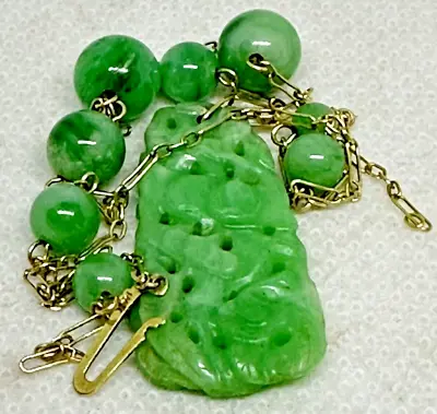 $249.99 • Buy Vintage Carved Jade Leaf Pendant Beaded Ball 14K Gold Necklace Scrap Parts