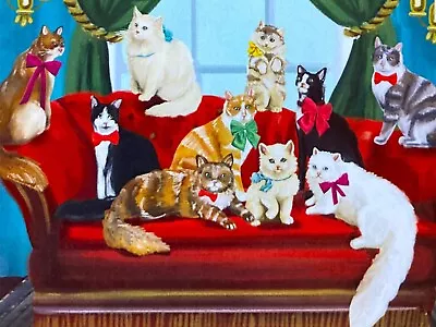 ONE* Cats On Couch Christmas Large Blank Note Card Orange Brown Gray Tabby White • $4.99