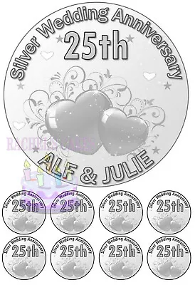 25th SILVER ANNIVERSARY PERSONALISED EDIBLE ICING CAKE TOPPER & 8 CUPCAKES • £4.95
