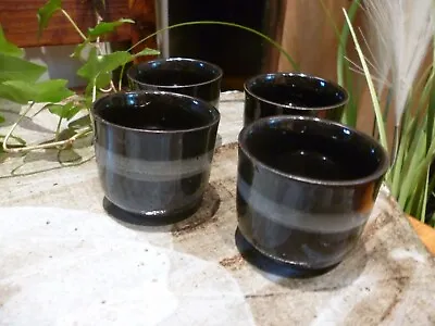 Set Of 4 Japanese Sake Cups In Black And Grey Painted Glaze Ring Pottery • £14.99
