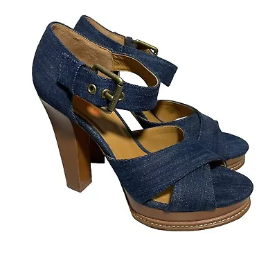 KORS Michael Kors Heels Womens Size 10 Margo Platform Sandals Blue Denim Leather • $74.88