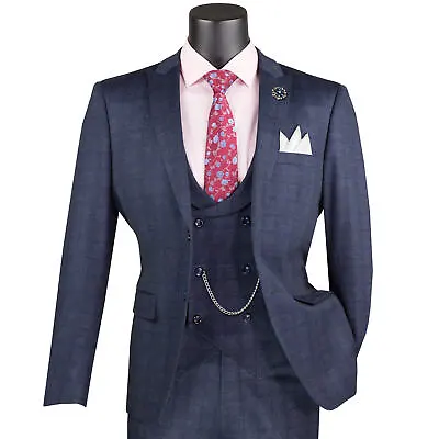 VINCI Men's Navy Blue Plaid Stretch 3-Piece Slim-Fit 2-Button Suit - NEW • $130