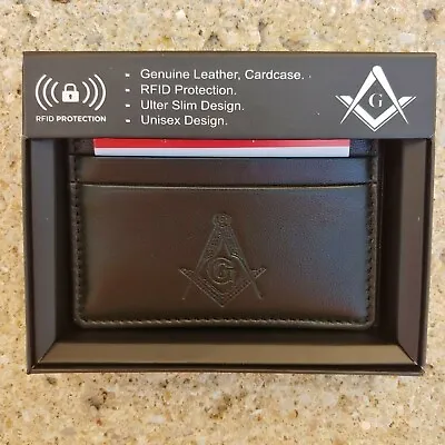 Masonic Black Genuine Leather Slim RFID Wallet Mason Embossed Square And Compass • $19.99