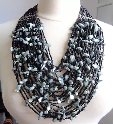 Vintage Silver Tone Seed Black Beads Shell Accents Massive Necklace. • $9.99