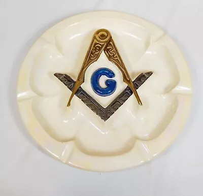 Vintage Masonic Freemason Ceramic Blue Gold Effervescent 8.5  Ashtray 1971 • $35