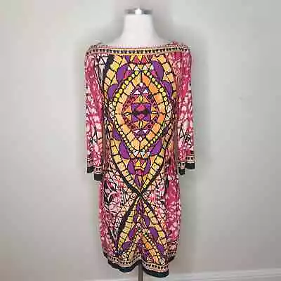 Eci New York Dress Size 6 Mosaic Print Shift Boat Neck 3/4 Sleeve Colorful NWT • $10