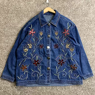 Vintage 80s 90s Womens Floral Embroidered Denim Chore Coat Button Grandma XL VTG • $20.69